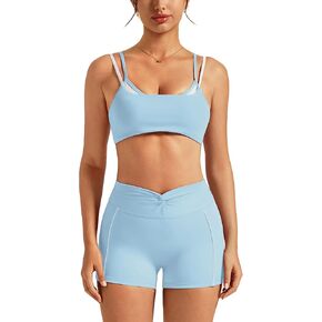 Women's Yoga Sets Compression Color Contrast Sports Bra and Knot Front Butt-lifting Shorts Active Jogger Outfits in Kuwait