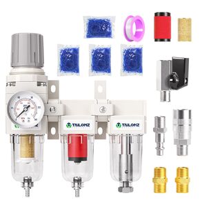 TAILONZ PNEUMATIC 0-150PSI 1/4 بوصة نظام تجفيف الهواء من الدرجة 3 المرحلة NPT، فلتر جسيمات، منظم ضغط فلتر الهواء 5/0.01 ميكرون (تصريف يدوي) in Kuwait