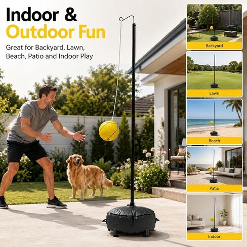 Portable Tetherball Set, Rope and Pump for Adults, Pets, Backyard, Lawn, Beach and Indoor Play | Heavy Duty Tetherball Equipment with Fillable Base Bag, Adjustable Steel Pole, Soft Ball in Kuwait
