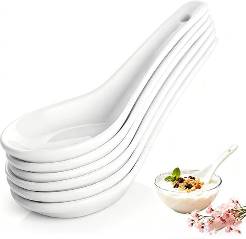 Soup Spoons Set of 6, Asian Ceramic Soup Spoons 5.3" Ramen Spoons Proper for Corelle Pho Miso Wonton Ramen Dumpling Macaron Dishwasher & Oven Safe in Kuwait