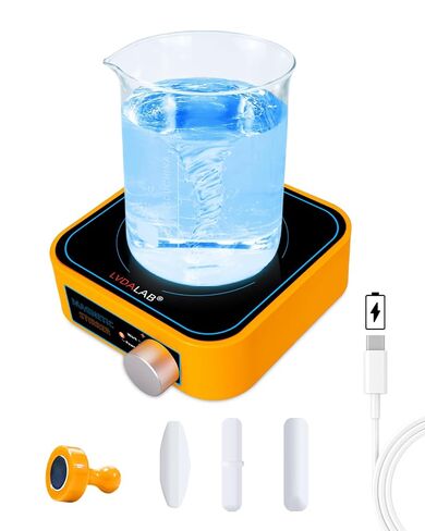 Rechargeable Magnetic Stirrer Cordless Stir Plate, Portable Lab Mixer for Low Viscosity Liquid w/Built-in Battery, 3000ml 3000RPM, No Heating, 3 Stir Bars & 1 Retriever Included - Yellow in Kuwait