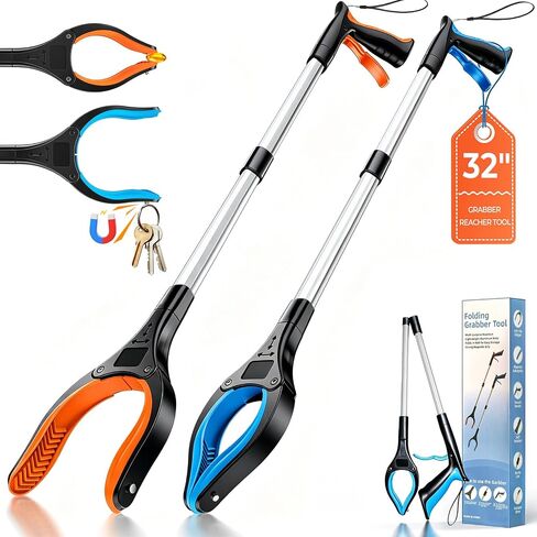 32" Grabber Reacher Tools, 2 Pack Upgraded Strong Foldable Reacher Grabber Heavy Duty Pickup Tool, 4" Wide Claw Opening & 360° Rotating Jaw & Magnet Lightweight Grabber Tool for Senior Patient in Kuwait
