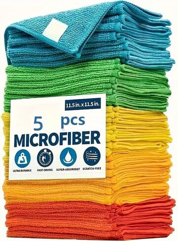 5-Pack Microfiber Cleaning Cloths, Multipurpose Absorbent Towels for Kitchen, Bathroom, Glass, and Furniture, Streak-Free & Lint-Free (Assorted Colors) in Kuwait