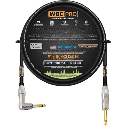 25 Foot - WBC-PRO-Guitar – 20 AWG - Low-Cap (18pF/ft) – Pro-Grade – Graphite-Based - Dual-Shielded Guitar Bass Instrument Cable w/Amphenol Straight - Angled (Silent) ¼ Inch (6.35mm) Gold TS Plugs in Kuwait