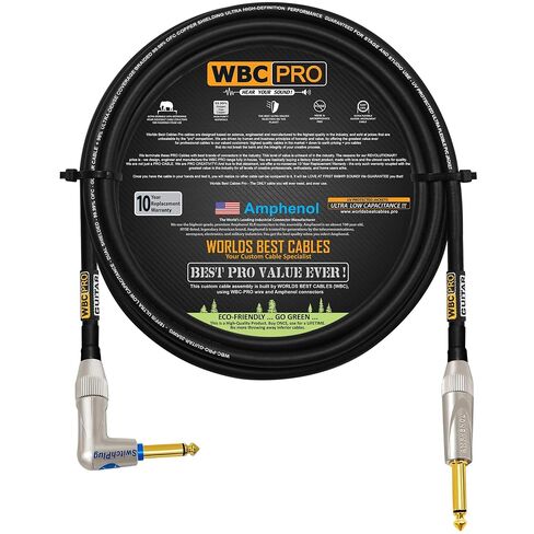 25 Foot - WBC-PRO-Guitar – 20 AWG - Low-Cap (18pF/ft) – Pro-Grade – Graphite-Based - Dual-Shielded Guitar Bass Instrument Cable w/Amphenol Straight - Angled (Silent) ¼ Inch (6.35mm) Gold TS Plugs in Kuwait