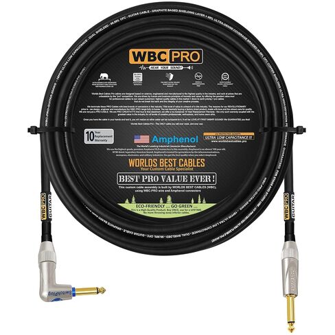 25 Foot - WBC-PRO-Guitar – 20 AWG - Low-Cap (18pF/ft) – Pro-Grade – Graphite-Based - Dual-Shielded Guitar Bass Instrument Cable w/Amphenol Straight - Angled (Silent) ¼ Inch (6.35mm) Gold TS Plugs in Kuwait