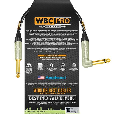 6 Inch - WBC-PRO-Guitar – 20 AWG - Low-Cap (18pF/ft) – Pro-Grade – Graphite-Based - Dual-Shielded Guitar, Bass, Instrument Cable with Amphenol QM2R-AU & QM2P-AU ¼ Inch (6.35mm) Gold TS Connectors in Kuwait