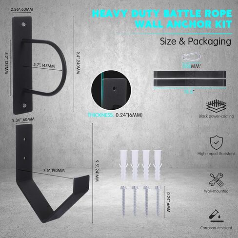 Battle Rope Wall Mount Kit with Anchor Strap Heavy Duty Steel Battle Rope Wall Mount Kit with Anchor & Storage Hook and Reinforced Nylon Strap, Easy and Fast Setup in Kuwait