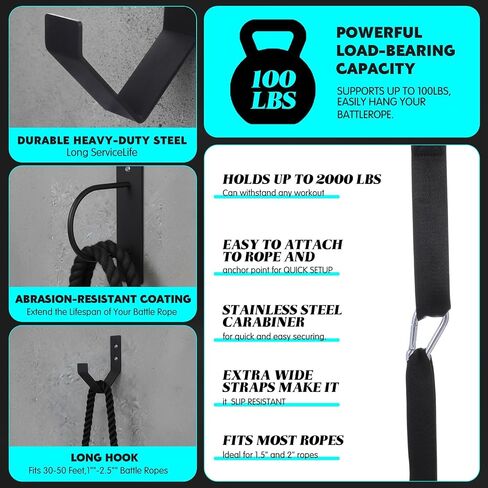 Battle Rope Wall Mount Kit with Anchor Strap Heavy Duty Steel Battle Rope Wall Mount Kit with Anchor & Storage Hook and Reinforced Nylon Strap, Easy and Fast Setup in Kuwait
