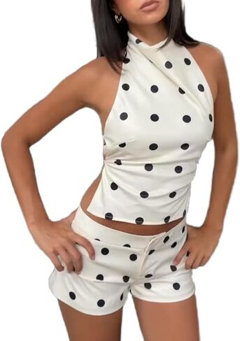 Mandonce Polka Dot Shorts Sets Women 2 Piece Outfits Halter Backless Sleeveless Tops and Button Shorts Cute Outfits Small in Kuwait