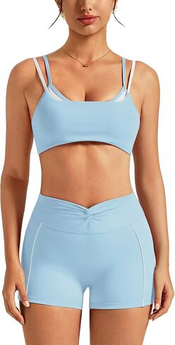 Women's Yoga Sets Compression Color Contrast Sports Bra and Knot Front Butt-lifting Shorts Active Jogger Outfits in Kuwait