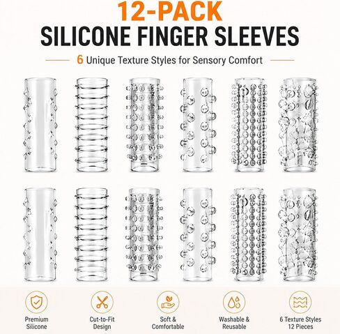 Fidget for Skin Picking, 12-Pack Clear Silicone Finger Sleeves | Soft textured covers, cut-to-fit thumb use, quiet tactile ridges, washable reuse, home school office travel in Kuwait