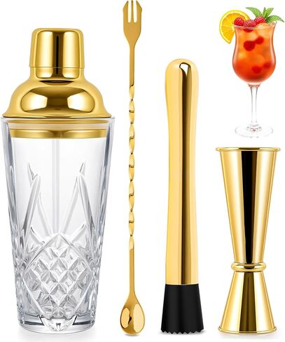 Glass Cocktail Shaker Set with Gold Lid,Cocktail Shaker Glass Kit with Built-in Strainer, Jigger, Bar Spoon & Muddler, Leakproof Glass Shaker for Home Bar, Cocktails, Martini, Gift(4-Piece) in Kuwait