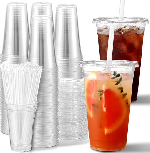AOZITA [100 Sets] 16 oz Clear Plastic Cups With Lids and Straws, Disposable Cups With Lids for Iced Coffee, Smoothie, Milkshake and Cold Drinks (New-16-100) in Kuwait