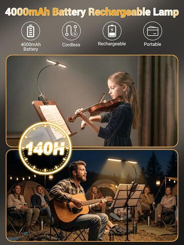 ضوء حامل الموسيقى، 100 مصباح LED + 10 سطوع + 5 ألوان قابلة للطي بمشبك على الضوء | مصباح بطارية 4000 مللي أمبير في الساعة، مصباح مكتبي ساطع قابل لإعادة الشحن 400 لومن مع مشبك، ضوء بيانو لاسلكي، مشبك على ضوء القراءة للسرير/السكن in Kuwait
