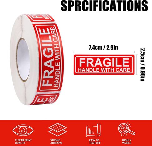 1" X 3" Fragile Handle with Care Warning Stickers for Shipping Moving and Packing, 500 Pcs Permanent Adhesive Labels, 1 Roll in Kuwait