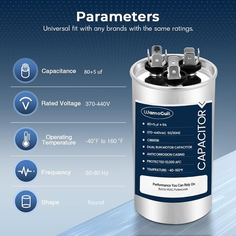 80/5 uF 80+5 MFD 370VAC or 440VAC Dual Run Start Round A/C Capacitor CBB65 CBB65B Air Conditioner Capacitors for AC Unit Fan Motor Start or Heat Pump or Condenser Straight Cool in Kuwait