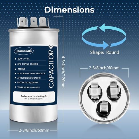 80/5 uF 80+5 MFD 370VAC or 440VAC Dual Run Start Round A/C Capacitor CBB65 CBB65B Air Conditioner Capacitors for AC Unit Fan Motor Start or Heat Pump or Condenser Straight Cool in Kuwait