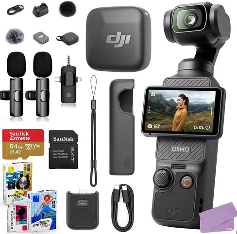 جهاز إرسال DJI Osmo Pocket 3 Mic Mini Clip-On مع حزمة ميكروفون مدمجة + ذاكرة فائقة سعة 64 جيجابايت، نظام ميكروفون لاسلكي إضافي 2X، برنامج (20 عنصرًا) in Kuwait