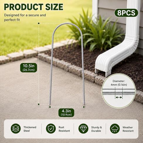 8 Pcs Downspout Anchor Stakes, U-Shaped Metal Ground Stakes for 4" Round Downspout Extensions, No-Drill Gutter Drain Pipe Holder, Heavy Duty Landscape Staples for Securing Drainage Pipe in Kuwait