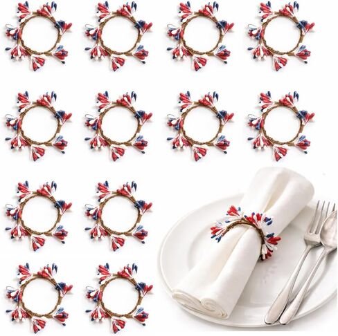 Patriotic Napkin Rings Set of 12-4th of July Napkin Rings, Red White Blue Floral Cloth Napkin Ring Independence Day Table Decorations for Memorial Day Labor Day Patriotic Party in Kuwait