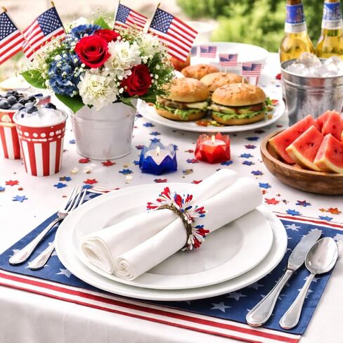 Patriotic Napkin Rings Set of 12-4th of July Napkin Rings, Red White Blue Floral Cloth Napkin Ring Independence Day Table Decorations for Memorial Day Labor Day Patriotic Party in Kuwait