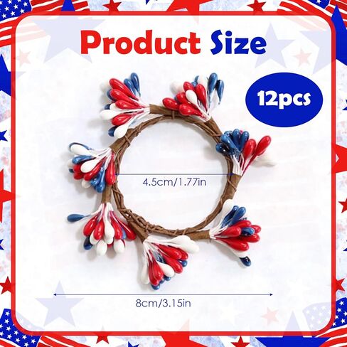 Patriotic Napkin Rings Set of 12-4th of July Napkin Rings, Red White Blue Floral Cloth Napkin Ring Independence Day Table Decorations for Memorial Day Labor Day Patriotic Party in Kuwait