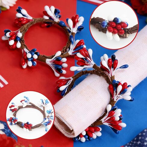 Patriotic Napkin Rings Set of 12-4th of July Napkin Rings, Red White Blue Floral Cloth Napkin Ring Independence Day Table Decorations for Memorial Day Labor Day Patriotic Party in Kuwait