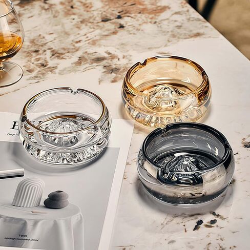 Amber Mountain Thick Crystal Glass Decorative Ashtray | Heavy duty tabletop ash tray, indoor & outdoor, for home, office, bar, patio, decorative gift in Kuwait