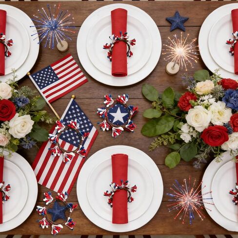 Patriotic Napkin Rings Set of 12-4th of July Napkin Rings, Red White Blue Floral Cloth Napkin Ring Independence Day Table Decorations for Memorial Day Labor Day Patriotic Party in Kuwait