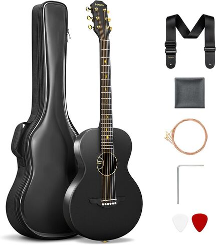 CAHAYA Carbon Fiber Acoustic Guitar: 38" Composite OM Body Travel Guitar Beginner Kit Low Action Easy Play Lightweight Waterproof Steel String with Gig Bag (Black) | Lightweight Travel Guitar Low Action Easy Play Waterproof Steel String with Gig Bag (Blac in Kuwait