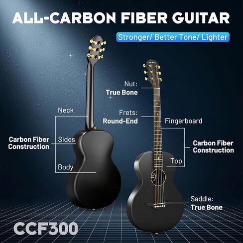CAHAYA Carbon Fiber Acoustic Guitar: 38" Composite OM Body Travel Guitar Beginner Kit Low Action Easy Play Lightweight Waterproof Steel String with Gig Bag (Black) | Lightweight Travel Guitar Low Action Easy Play Waterproof Steel String with Gig Bag (Blac in Kuwait