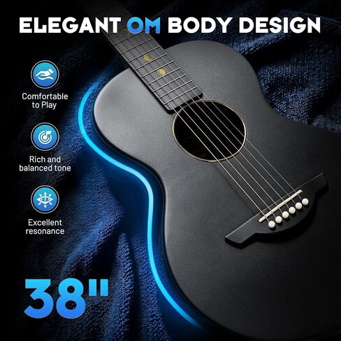 CAHAYA Carbon Fiber Acoustic Guitar: 38" Composite OM Body Travel Guitar Beginner Kit Low Action Easy Play Lightweight Waterproof Steel String with Gig Bag (Black) | Lightweight Travel Guitar Low Action Easy Play Waterproof Steel String with Gig Bag (Blac in Kuwait