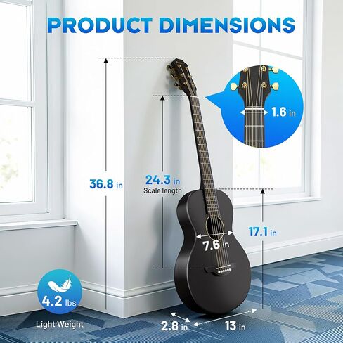 CAHAYA Carbon Fiber Acoustic Guitar: 38" Composite OM Body Travel Guitar Beginner Kit Low Action Easy Play Lightweight Waterproof Steel String with Gig Bag (Black) | Lightweight Travel Guitar Low Action Easy Play Waterproof Steel String with Gig Bag (Blac in Kuwait