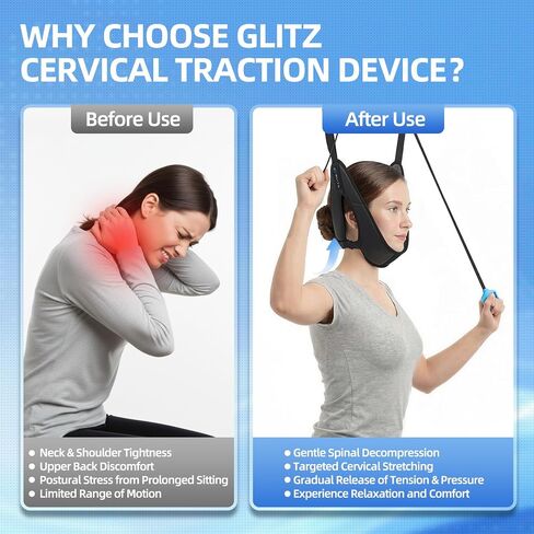 glitz جهاز تمديد الرقبة وجهاز جر عنق الرحم مع نظام السقاطة - 50-200N قابل للتعديل فوق الباب لتخفيف الألم وتخفيف الضغط على العمود الفقري، سلك سحب محدود القوة وسهل التحرير in Kuwait