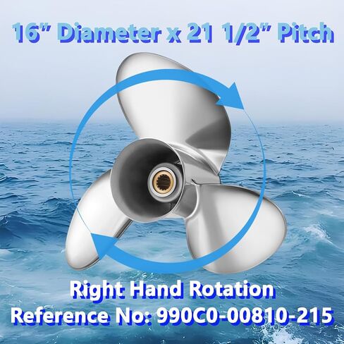مروحة قارب خارجية من الفولاذ المقاوم للصدأ 16 × 21 1/2 لمحركات سوزوكي 150-300HP، 15 سنًا خددًا، 3 شفرات، 990C0-00810-215، متوافقة مع سوزوكي 150HP 175HP 200HP 225HP 250HP 300HP، RH in Kuwait