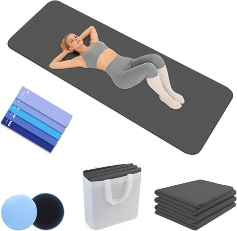 Foldable Yoga Mat with Resistance Band & Sliding Discs, 0.24" Thick Eco-Friendly TPE Non-Slip Workout Mat, Portable for Yoga, Pilates, Home Gym & Travel (72." x 24" x 0.24") in Kuwait