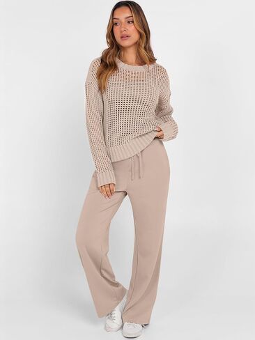 ANRABESS Womens 2 Piece Outfits Crochet Sheer Knit Sweater Top Wide Leg Pants Lounge Set Sweatsuit 2026 Fall Travel Clothes in Kuwait