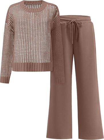 ANRABESS Womens 2 Piece Outfits Crochet Sheer Knit Sweater Top Wide Leg Pants Lounge Set Sweatsuit 2026 Fall Travel Clothes in Kuwait