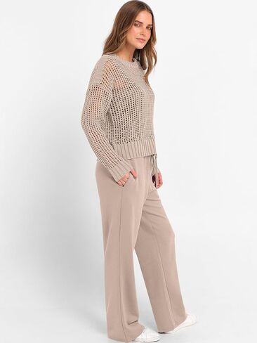 ANRABESS Womens 2 Piece Outfits Crochet Sheer Knit Sweater Top Wide Leg Pants Lounge Set Sweatsuit 2026 Fall Travel Clothes in Kuwait