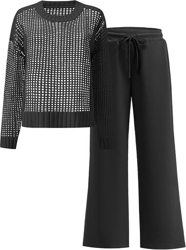 ANRABESS Womens 2 Piece Outfits Crochet Sheer Knit Sweater Top Wide Leg Pants Lounge Set Sweatsuit 2026 Fall Travel Clothes in Kuwait