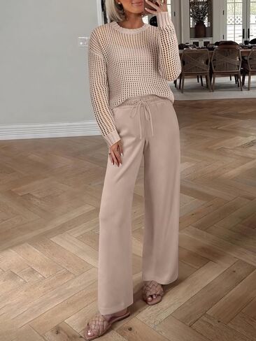 ANRABESS Womens 2 Piece Outfits Crochet Sheer Knit Sweater Top Wide Leg Pants Lounge Set Sweatsuit 2026 Fall Travel Clothes in Kuwait