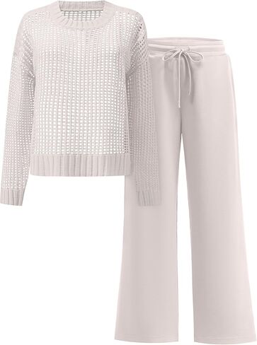 ANRABESS Womens 2 Piece Outfits Crochet Sheer Knit Sweater Top Wide Leg Pants Lounge Set Sweatsuit 2026 Fall Travel Clothes in Kuwait