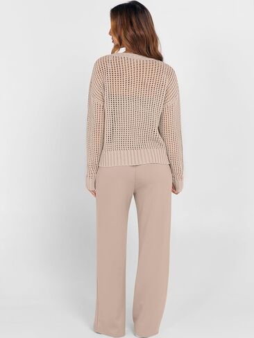 ANRABESS Womens 2 Piece Outfits Crochet Sheer Knit Sweater Top Wide Leg Pants Lounge Set Sweatsuit 2026 Fall Travel Clothes in Kuwait