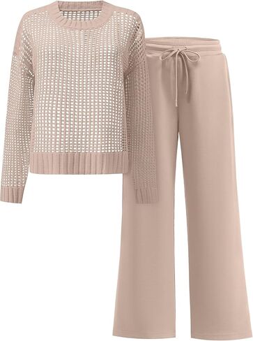 ANRABESS Womens 2 Piece Outfits Crochet Sheer Knit Sweater Top Wide Leg Pants Lounge Set Sweatsuit 2026 Fall Travel Clothes in Kuwait
