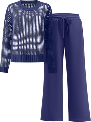 ANRABESS Womens 2 Piece Outfits Crochet Sheer Knit Sweater Top Wide Leg Pants Lounge Set Sweatsuit 2026 Fall Travel Clothes in Kuwait