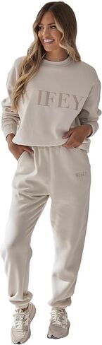 Six Stories Wifey Statement Sweatshirt and Sweatpants Set for the Stylish New Bride | Soft, Comfy & Cozy Sweatsuit with Unique Pearlescent Detailing Ideal as Anniversary or Honeymoon Gift | Large in Kuwait