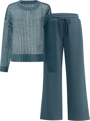 ANRABESS Womens 2 Piece Outfits Crochet Sheer Knit Sweater Top Wide Leg Pants Lounge Set Sweatsuit 2026 Fall Travel Clothes in Kuwait