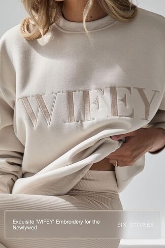 Six Stories Wifey Statement Sweatshirt and Sweatpants Set for the Stylish New Bride | Soft, Comfy & Cozy Sweatsuit with Unique Pearlescent Detailing Ideal as Anniversary or Honeymoon Gift | Large in Kuwait
