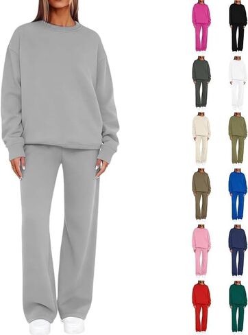 Sweatsuits النساء 2 قطعة الزي المسار الدعاوى بلون البلوز هوديي مباراة Sweatpants واسعة الساق ملابس الخريف الشتاء in Kuwait